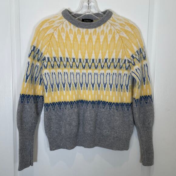 Forte 100% Cashmere Sweater Nordic Fair Isle Yellow Gray Blue Pullover S - Picture 1 of 6